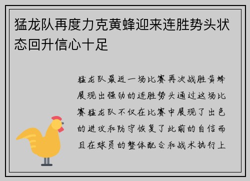 猛龙队再度力克黄蜂迎来连胜势头状态回升信心十足