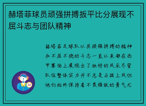 赫塔菲球员顽强拼搏扳平比分展现不屈斗志与团队精神