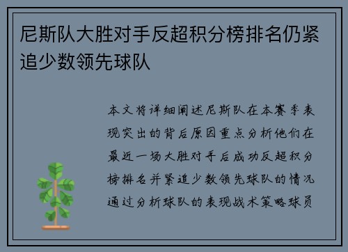 尼斯队大胜对手反超积分榜排名仍紧追少数领先球队