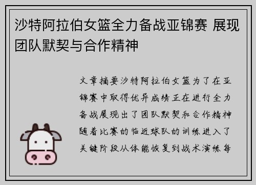 沙特阿拉伯女篮全力备战亚锦赛 展现团队默契与合作精神